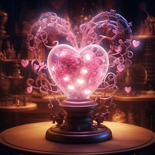 a photo of a magical fantasy automaton with love energy. Pink lights swirl around it filled with transparent hearts and sparkles. The background is an alchemists laboratory. Dramatic lighting.