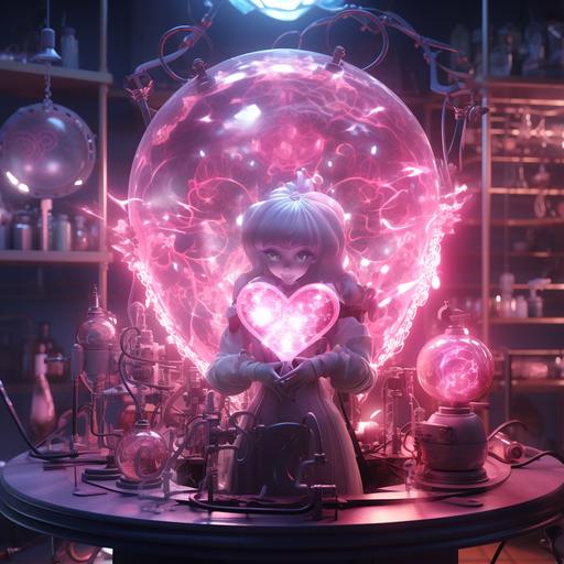 a photo of a magical fantasy automaton with love energy. Pink lights swirl around it filled with transparent hearts and sparkles. The background is an alchemists laboratory. Dramatic lighting. --v 5.2