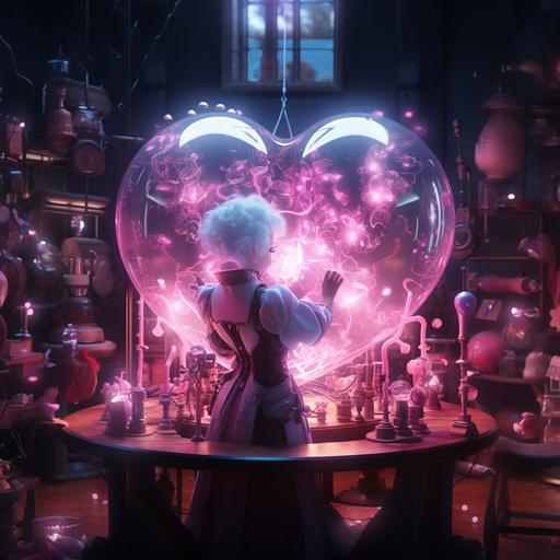 a photo of a magical fantasy automaton with love energy. Pink lights swirl around it filled with transparent hearts and sparkles. The background is an alchemists laboratory. Dramatic lighting. --v 5.2