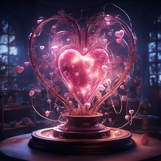 a photo of a magical fantasy automaton with love energy. Pink lights swirl around it filled with transparent hearts and sparkles. The background is an alchemists laboratory. Dramatic lighting.