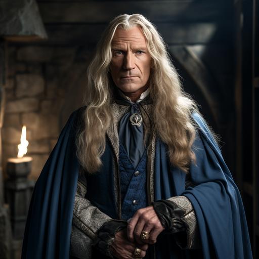 a photo of a mature wizard with shoulder-length blond hair with streaks of silver. He has long sideburns and a clean shaved face. He holds a smug expression. The mage dresses in shades of blue with a blue cloak. He has a black vest plus black gloves. His arms are crossed. The background is a medieval tavern.