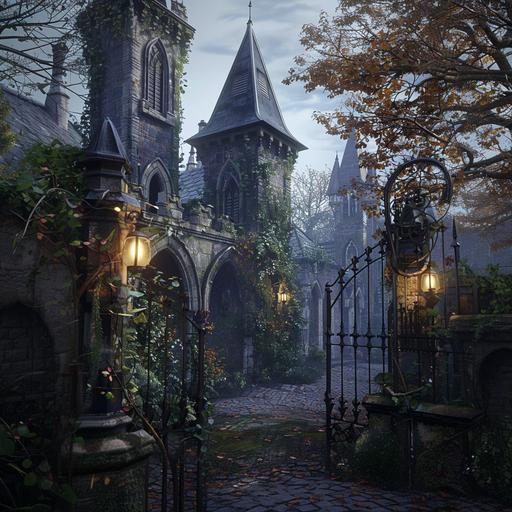 a photo of a medieval fantasy magic school with tall pointed towers. A delicate ivy-like iron fence surrounds the school with open archways. Dramatic lighting.