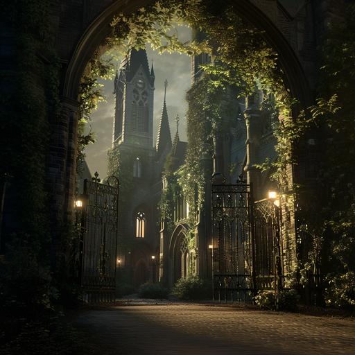 a photo of a medieval fantasy magic school with tall pointed towers. A delicate ivy-like iron fence surrounds the school with open archways. Dramatic lighting. --v 6.0