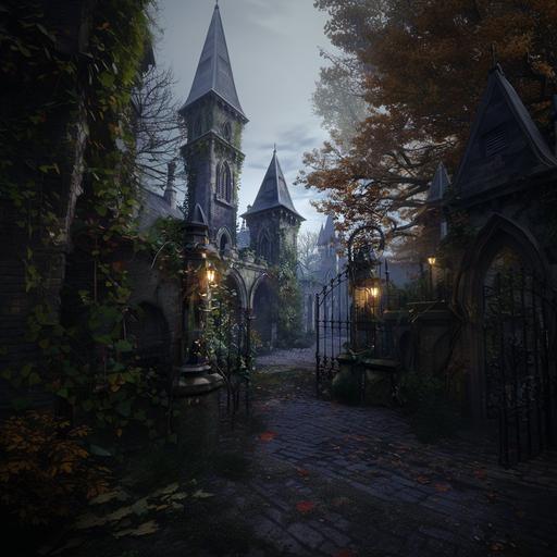 a photo of a medieval fantasy magic school with tall pointed towers. A delicate ivy-like iron fence surrounds the school with open archways. Dramatic lighting. --v 6.0