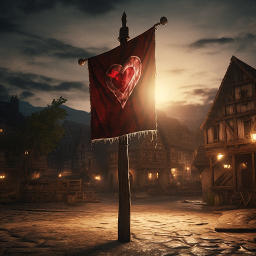 a photo of a medieval flag on a tall post. The symbol in the flag is a leaking red heart with a glowing star. The background is a medieval village. Dramatic lighting.