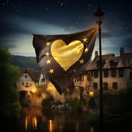 a photo of a medieval flag. The symbol in the flag is a leaking heart with a glowing star. The background is a medieval village. Drastic lighting.