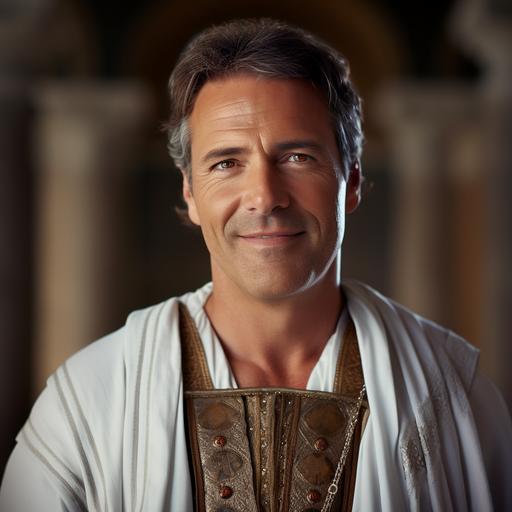 a photo of a medieval man in his 40s with a smooth face. He has brown hair with tinges of silver. His eyes are brown. He is smiling. He is slightly effeminate and a little pudgy. He poses dramatically in decorative white nobleman’s robes. The background is a beautiful white Greek-style palace with decorative pillars. Dramatic lighting.