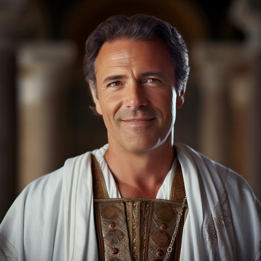 a photo of a medieval man in his 40s with a smooth face. He has brown hair with tinges of silver. His eyes are brown. He is smiling. He is slightly effeminate and a little pudgy. He poses dramatically in decorative white nobleman’s robes. The background is a beautiful white Greek-style palace with decorative pillars. Dramatic lighting.