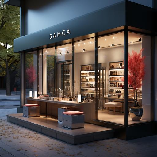 a photo of a modern and clean store front for make up, parfum, cosmetic and other beauty products --s 750
