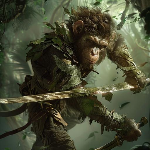 a photo of a monkey man with a long prehensile tail and shaggy brown fur. He wears leafy armor and swings through the trees dramatically. He holds a sword in his hand. The background is a lush forest. Dramatic lighting.. --v 6.0