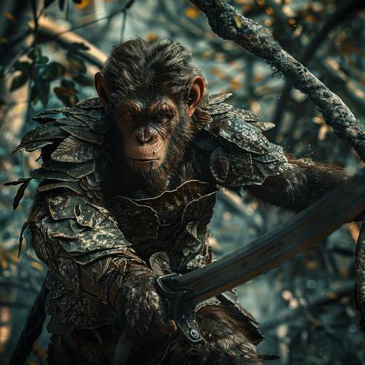 a photo of a monkey man with a long prehensile tail and shaggy brown fur. He wears leafy armor and swings through the trees dramatically. He holds a sword in his hand. The background is a lush forest. Dramatic lighting.. --v 6.0