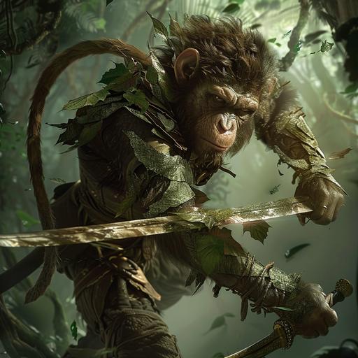 a photo of a monkey man with a long prehensile tail and shaggy brown fur. He wears leafy armor and swings through the trees dramatically. He holds a sword in his hand. The background is a lush forest. Dramatic lighting..