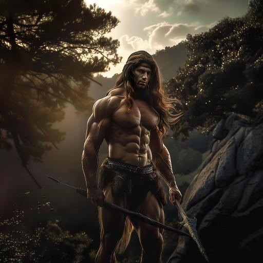 a photo of a muscular centaur with long brown hair. He is half man half horse. He poses flexing his muscles with a suave smile on his face. He holds a spear in his hand. The background is a lush forest. Dramatic lighting.