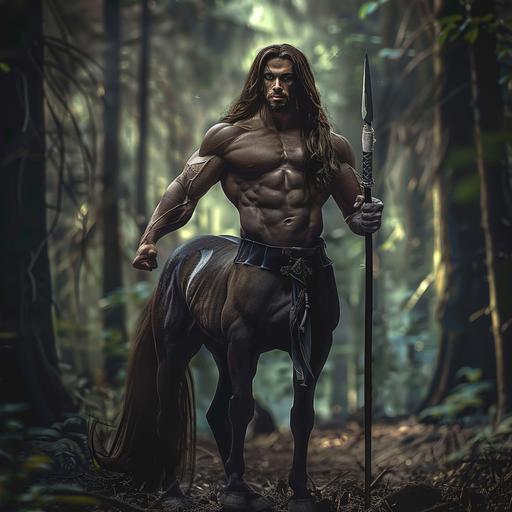 a photo of a muscular centaur with long brown hair. He is half man half horse. He poses flexing his muscles with a suave smile on his face. He holds a spear in his hand. The background is a lush forest. Dramatic lighting.