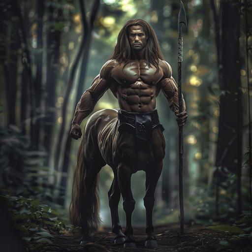 a photo of a muscular centaur with long brown hair. He is half man half horse. He poses flexing his muscles with a suave smile on his face. He holds a spear in his hand. The background is a lush forest. Dramatic lighting.