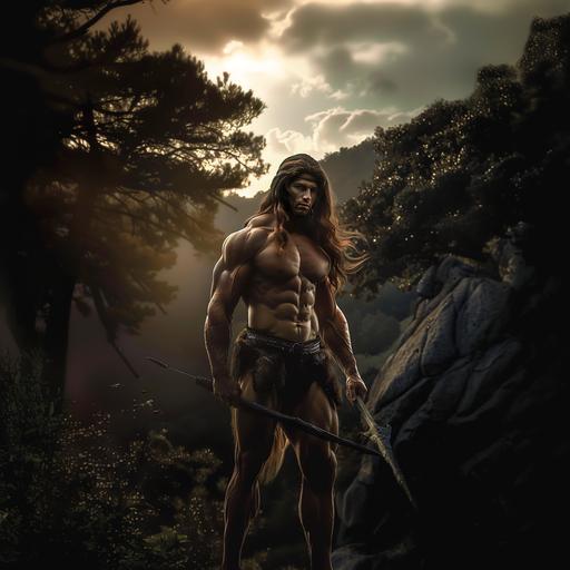 a photo of a muscular centaur with long brown hair. He is half man half horse. He poses flexing his muscles with a suave smile on his face. He holds a spear in his hand. The background is a lush forest. Dramatic lighting.