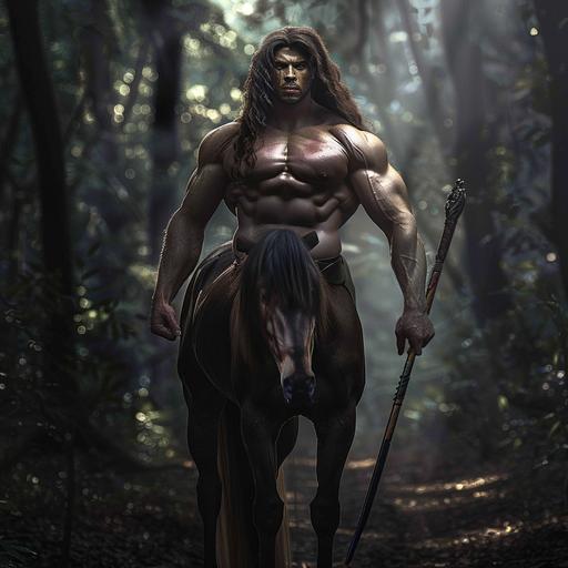 a photo of a muscular centaur with long brown hair. He is half man half horse. He poses flexing his muscles with a suave smile on his face. He holds a spear in his hand. The background is a lush forest. Dramatic lighting. --v 6.0