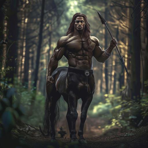 a photo of a muscular centaur with long brown hair. He is half man half horse. He poses flexing his muscles with a suave smile on his face. He holds a spear in his hand. The background is a lush forest. Dramatic lighting.