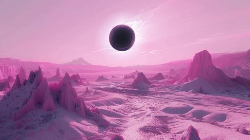 a photo of a pastel pink psychedelic desertscape with liquid catuses in the background and a black hole sun in the middle. retro 1960s scifi vibe soft color pallete --ar 16:9