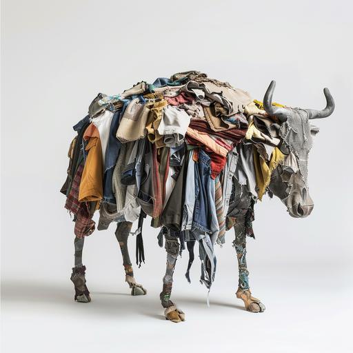 a photo of a pile of dirty laundry in the shape of a wildebeest. Only dirty laundry on white background. --style raw