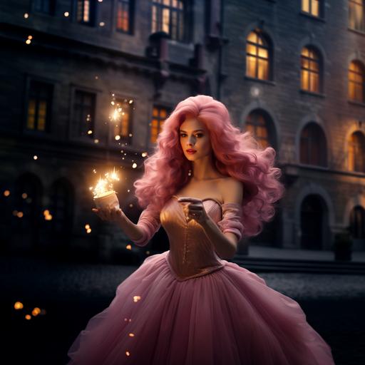 a photo of a pretty pale lady with big pink hair and a pretty pink dress floating in the air. She has pink eyes. Magical pink lights and sparkles swirl all around her. She is using magic. She wears a pink sparkly witches hat. The background is a magical fantasy medieval city. Dramatic lighting.