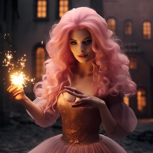 a photo of a pretty pale lady with big pink hair and a pretty pink dress floating in the air. She has pink eyes. Magical pink lights and sparkles swirl all around her. She is using magic. She wears a pink sparkly witches hat. The background is a magical fantasy medieval city. Dramatic lighting.