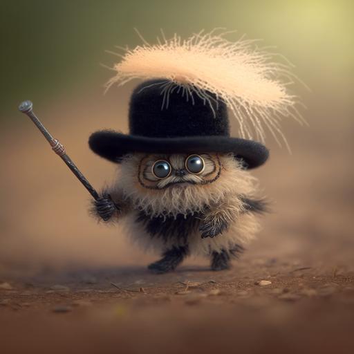 a photo of a realistic super cute fluffy baby jumping spider dancing with a top hat and cane.