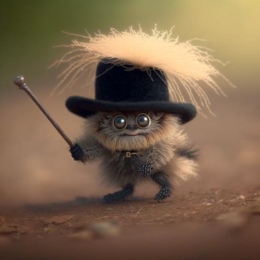 a photo of a realistic super cute fluffy baby jumping spider dancing with a top hat and cane.