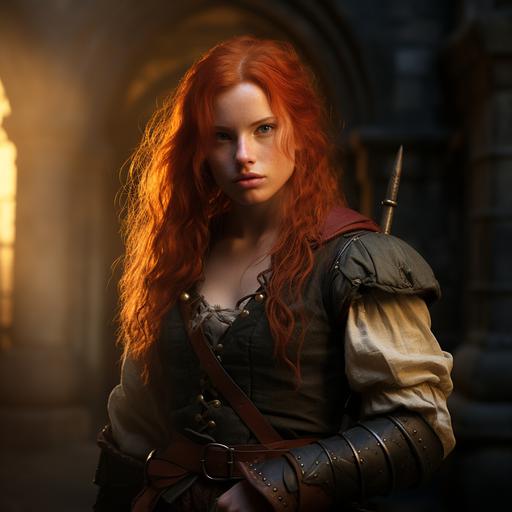 a photo of a redheaded medieval rogue with freckles. She wears fantasy adventuring gear and holds a dagger. The background is a castle treasure vault.