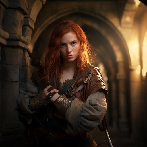 a photo of a redheaded medieval rogue with freckles. She wears fantasy adventuring gear and holds a dagger. The background is a castle treasure vault.
