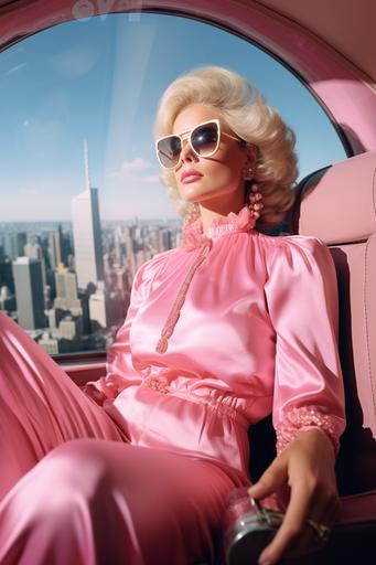 a photo of a retro glamorous blonde Barbie woman sitting in a pink Barbie helicopter, makeup, big glasses, luxury, enjoying window views of new york skyline, sixties aesthetic, pink vivid pastel colors, 35 mm fuji color film --ar 2:3