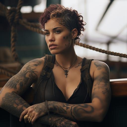 a photo of a rugged muscular medieval sailor with cocoa skin and short curly black hair. Half of her head is shaved. She has tattoos on her arms and neck. She also has tattoos on the shaved side of her head. She has a dragon tattoo twisted around her left bicep. She poses gazing off the deck of her ship with authority. The background is the sea. Dramatic lighting.