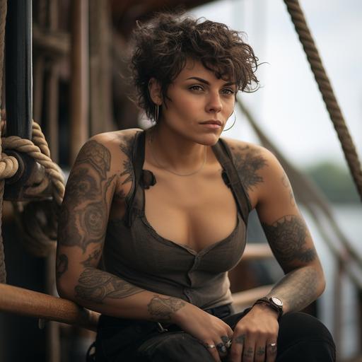 a photo of a rugged muscular medieval sailor with cocoa skin and short curly black hair. Half of her head is shaved. She has tattoos on her arms and neck. She also has tattoos on the shaved side of her head. She has a dragon tattoo twisted around her left bicep. She poses gazing off the deck of her ship with authority. She is dressed in medieval adventurers gear with her arms showing. The background is the sea. Dramatic lighting.