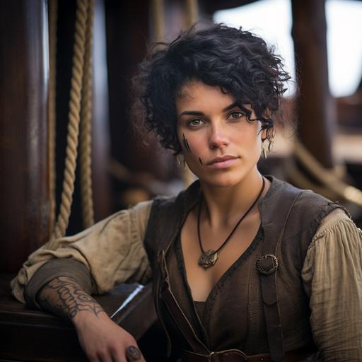 a photo of a rugged muscular medieval sailor with cocoa skin and short curly black hair. Half of her head is shaved. She has tattoos on her arms and neck. She also has tattoos on the shaved side of her head. She has a dragon tattoo twisted around her left bicep. She poses gazing off the deck of her ship with authority. She is dressed in medieval adventuring gear with her arms showing. The background is the sea. Dramatic lighting.