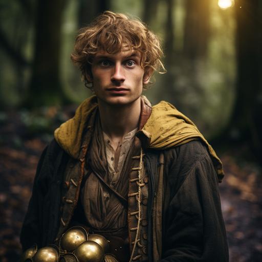 a photo of a scrawny young medieval rogue with a big nose and freckles. He holds a bags of gold coins and holds an overly innocent expression. The background is a medieval caravan on a forest trail.