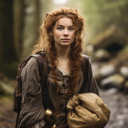 a photo of a scrawny young medieval rogue with a big nose and freckles. She holds a bag of gold coins. She has an overly innocent expression. The background is a medieval caravan on a forest trail.