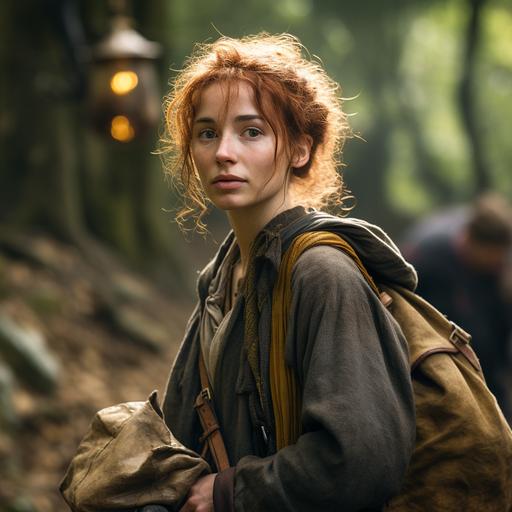 a photo of a scrawny young medieval rogue with a big nose and freckles. She holds a bag of gold coins. She has an overly innocent expression. The background is a medieval caravan on a forest trail.