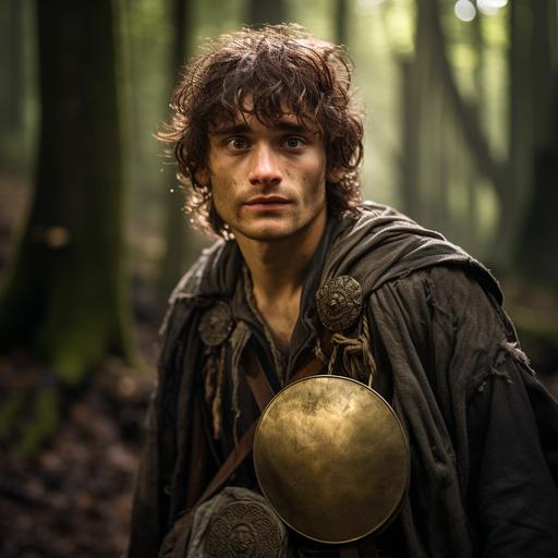 a photo of a scrawny young medieval rogue with a big nose and freckles. He holds a bags of gold coins and holds an overly innocent expression. The background is a medieval caravan on a forest trail.