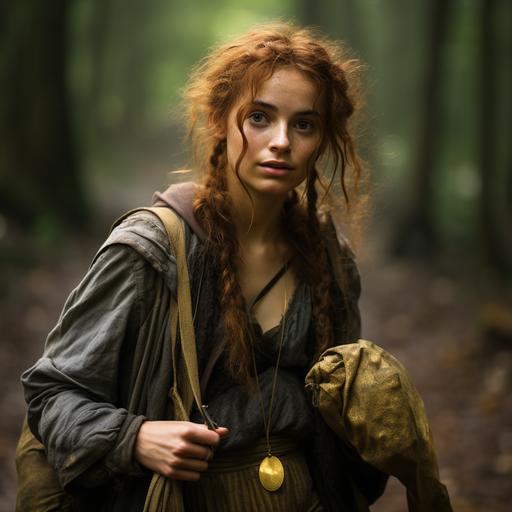 a photo of a scrawny young medieval rogue with a big nose and freckles. She holds a bag of gold coins. She has an overly innocent expression. The background is a medieval caravan on a forest trail.