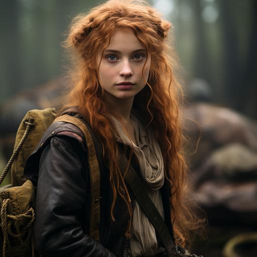 a photo of a scrawny young medieval rogue with a big nose and freckles. She holds a bag of gold coins. She has an overly innocent expression. The background is a medieval caravan on a forest trail.
