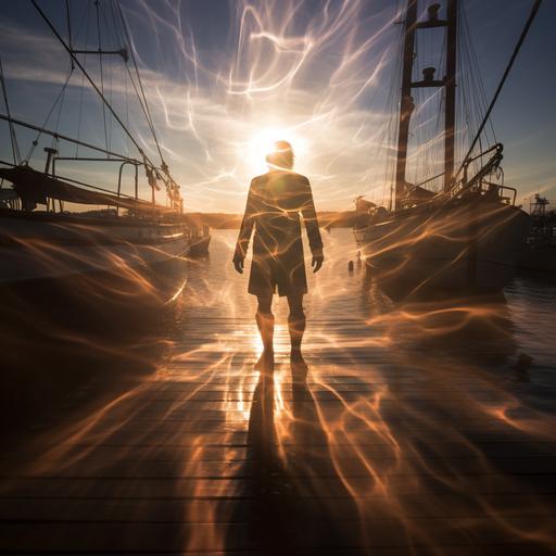 a photo of a shimmering outline of a man as if he’s invisible. The background is a medieval ship’s deck at sea with a setting sun. Dramatic lighting.