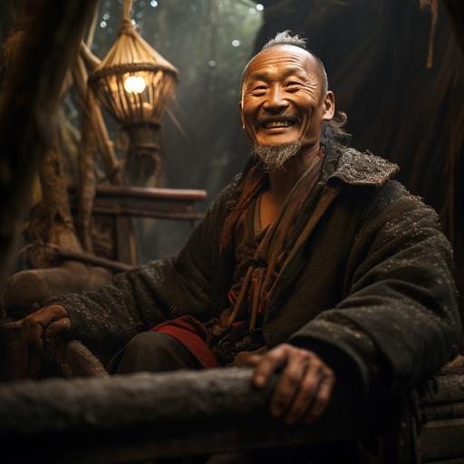 a photo of a skinny elderly Asian medieval man. He is seated in a covered wagon with a grin on his face. The background is a dense forest. Dramatic lighting.