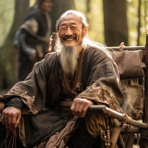 a photo of a skinny elderly Asian medieval man. He is seated in a covered wagon with a grin on his face. The background is a dense forest. Dramatic lighting.