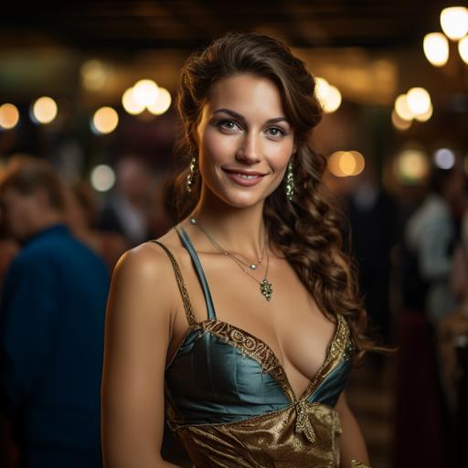 a photo of a slender stern woman in her late 30s. She wears an expensive dress of silk. She wears her brown hair with tinges of silver in a loose bun. She wears lots of jewelry. She keeps a tight smile on her face that does not reach her steel-blue colored eyes. The background is a crowded medieval gambling hall. Dramatic lighting.