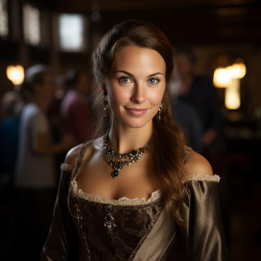 a photo of a slender stern woman in her late 30s. She wears an expensive dress of silk. She wears her brown hair with tinges of silver in a loose bun. She wears lots of jewelry. She keeps a tight smile on her face that does not reach her steel-blue colored eyes. The background is a crowded medieval gambling hall. Dramatic lighting.