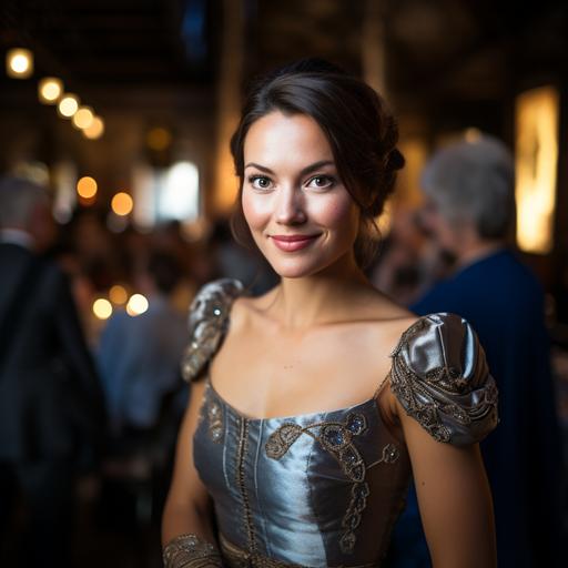 a photo of a slender stern woman in her late 30s. She wears an expensive dress of silk. She wears her brown hair with tinges of silver in a loose bun. She wears lots of jewelry. She keeps a tight smile on her face that does not reach her steel-blue colored eyes. The background is a crowded medieval gambling hall. Dramatic lighting.