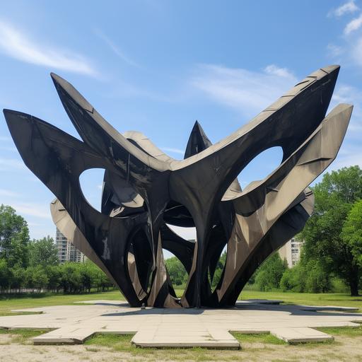 a photo of a small black steel war memorial in Belgrade, hyper-complex abstract organic shape, asymmetrical, photo taken from the side, very detailed, steel structure with concrete panel details, star-shaped edges, slim snd sleek shape, Yugoslavian style spomenik, partially destroyed, decaying, graffiti tags with names on the concrete surface, vandalised, in an abandonned concrete plaza next to a highway, summer evening environment, located in a post-soviet city, photography style of Jurgen Teller, grey cloudy rainy sky, high resolution, 8k, realistic, wide-angle photography