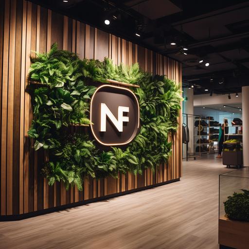a photo of a small green wall inside a fitness center, on the wall there are stripes of wood and green plants, in the middle of the wall there are 3 letters of the logo NFC