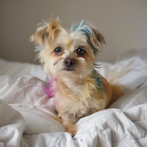 a photo of a small scruffy old dog with colored dyed poofy hair sitting in a white bed. 4k --v 6.0