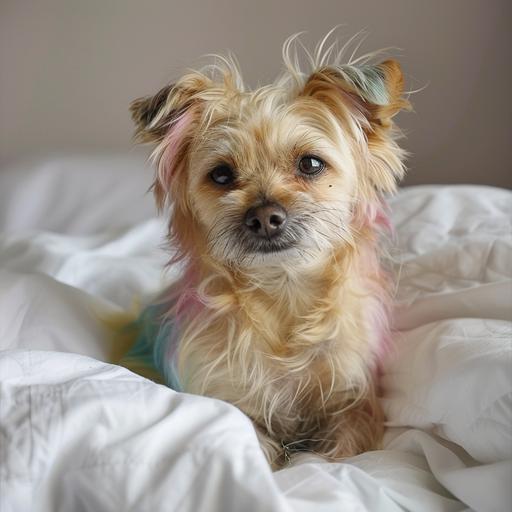 a photo of a small scruffy old dog with colored dyed poofy hair sitting in a white bed. 4k --v 6.0